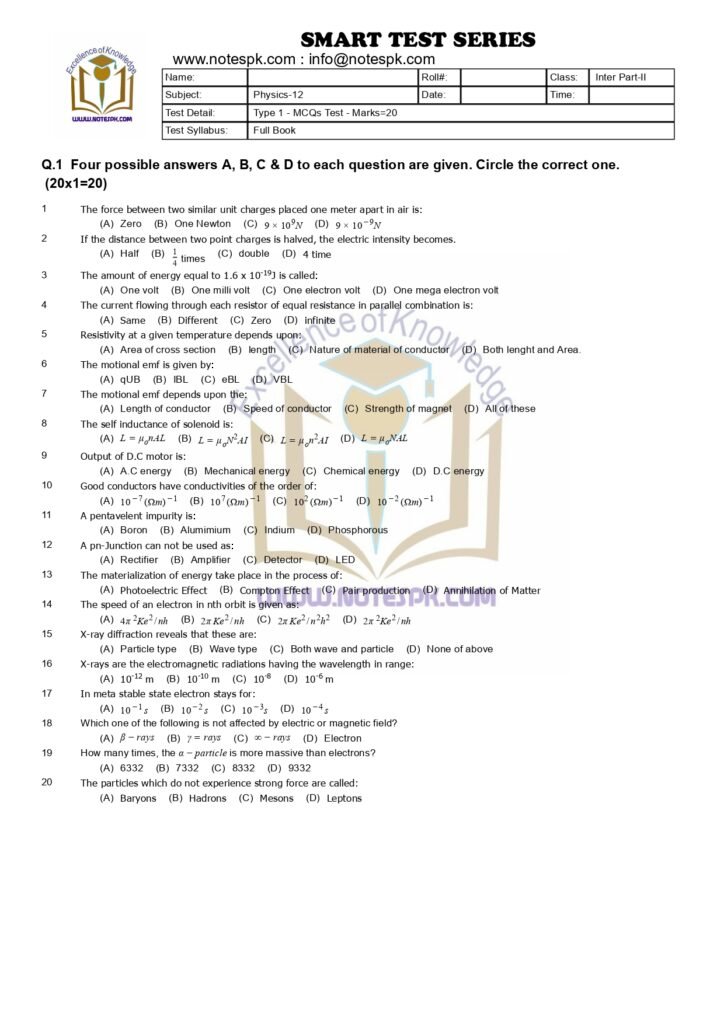 12th Physics Solved MCQ'S Full Book