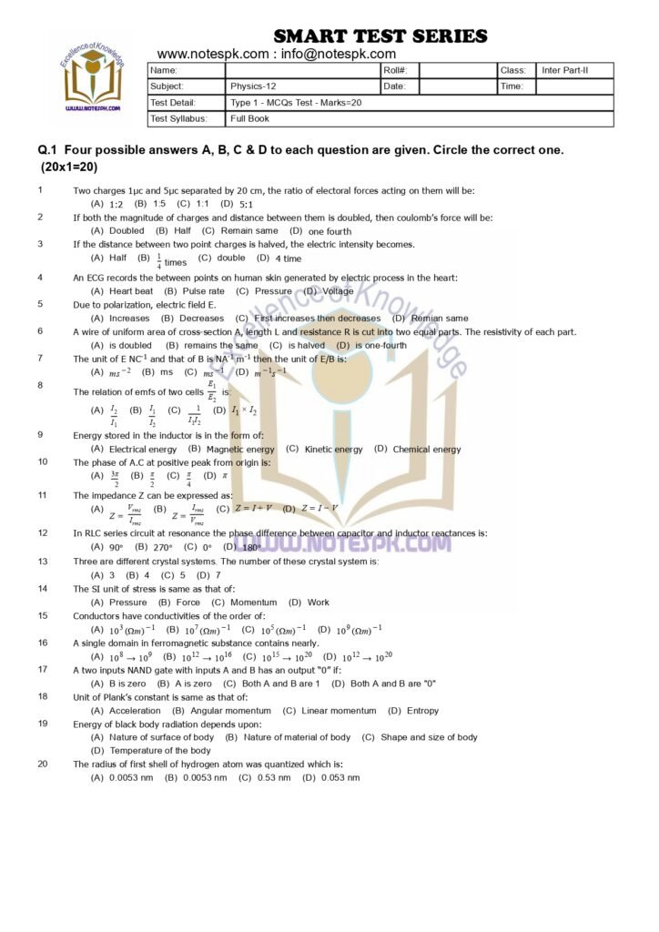 12th Physics Solved MCQ'S Full Book