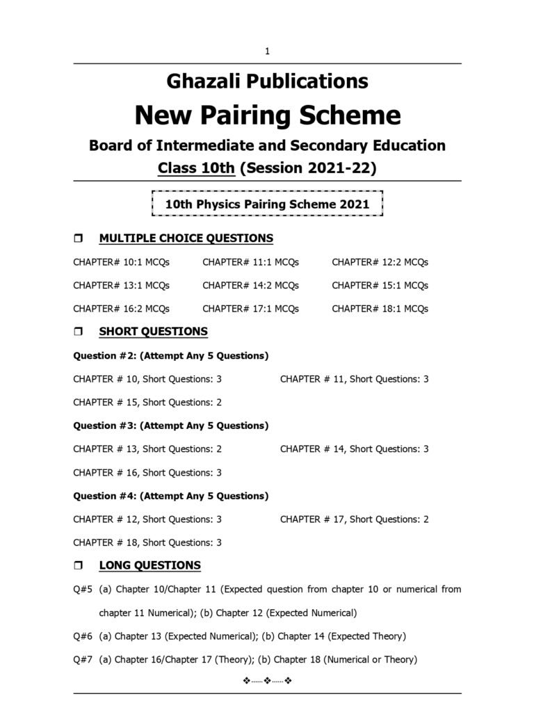 New Pairing Scheme For Class 10 - For All BISE Punjab