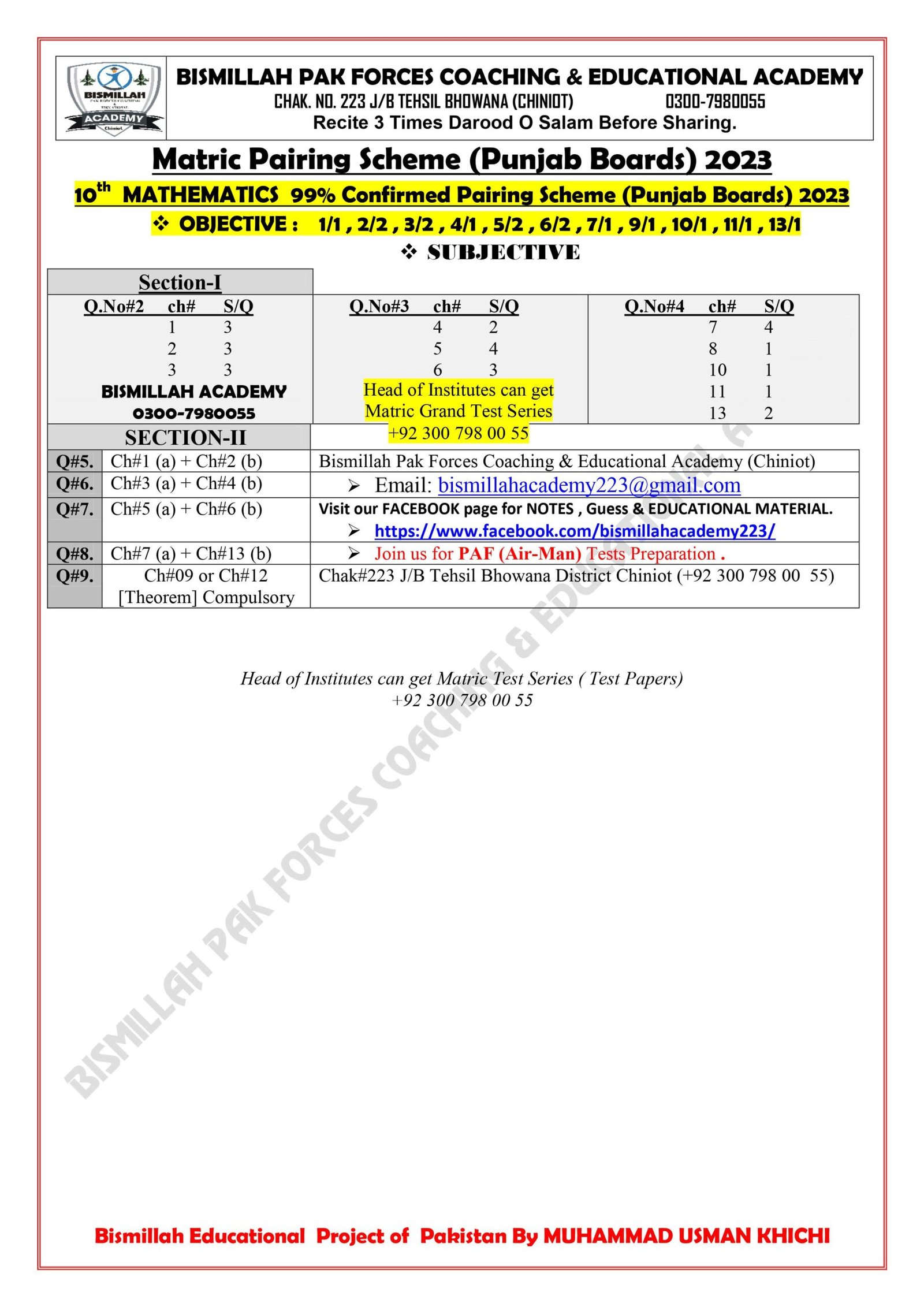 Matric Pairing Scheme 2023 for all Subjects